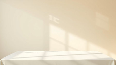 3D render of a white table on a beige wall backgroundの写真素材