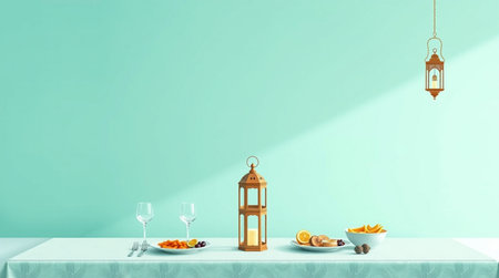 Lantern on a turquoise wall in a dining room. 3d renderingの写真素材