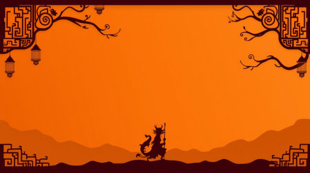 Chinese New Year greeting card template. Silhouette of a noble man riding a horse on a background of the ancient city.の写真素材