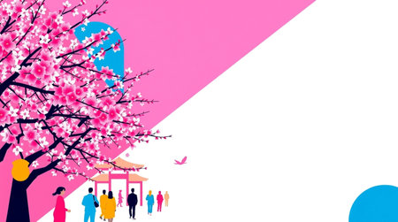 Cherry blossom and people in spring season,vector illustration.