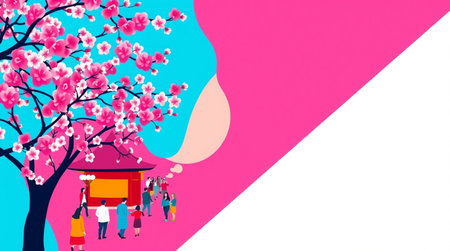 Cherry blossom sakura spring background with happy people. Vector illustration.