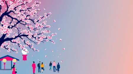 Cherry blossom background with people and lanterns. Vector illustration.