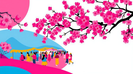 Cherry blossom spring festival background with people. Vector illustration.