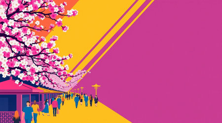 Cherry blossom spring background with people walking on street, vector illustration