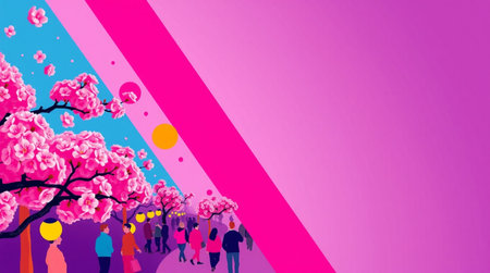 Cherry blossom background with people walking in the park. Vector illustration.