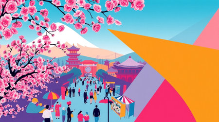 Vector illustration of cherry blossom season in Japan. Cherry blossom backgroundの写真素材