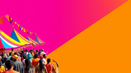 Indian people celebrating Holi festival in India. Colorful festival flags on colorful background.の写真素材