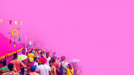 Crowd of people at the carnival with pink background and copy space
