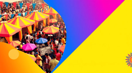 Crowd of people at outdoor amusement park. Colorful background.
