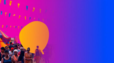 Crowd of people at a music festival with orange and purple backgroundの写真素材