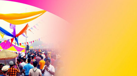 Colorful flags and people at a religious ceremony in India, Asia
