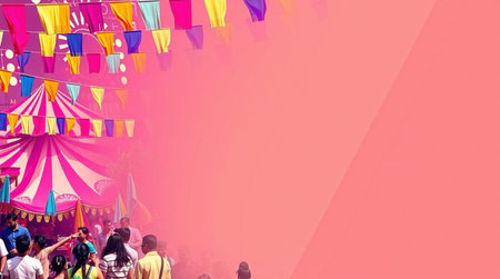 carnival festival with people and big tent on pink background.