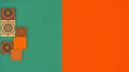 Flat lay of orange and green color background with copy space.