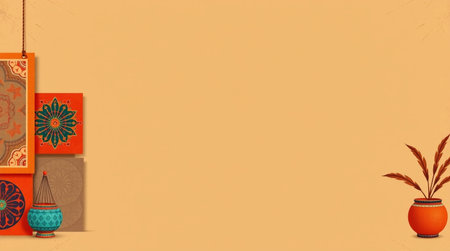 3D illustration of an orange vase with a pattern and decorative elements on a yellow backgroundの写真素材