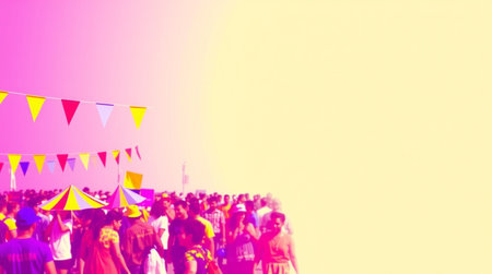 blur crowd of people at music festival with sky background - vintage filter