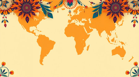 World map with colorful floral design on yellow background. Flat lay, top view.