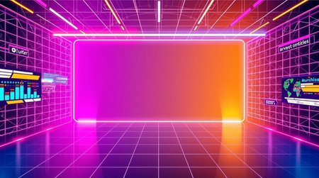 Futuristic virtual reality background. Sci-fi interior with neon lights. Vector illustration