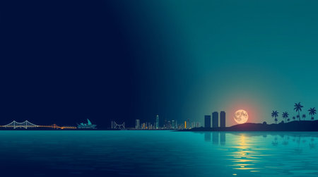 Illustration of night cityscape with moon and sea,vector illustration