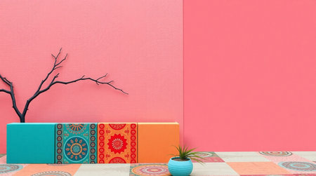 Vase with plant on table against pink wall