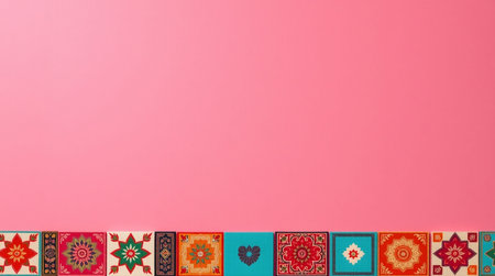 Top view of colorful decorative border on pink background with copy space.