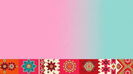 Colorful fabric pattern on pink and blue background with copy space.