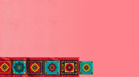 Ukrainian folk embroidery on a pink background. Copy space.