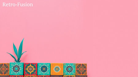 Creative flat lay top view of decorative wooden cubes with floral pattern on pink paper background with copy space in minimal style. Template for your text or designの写真素材