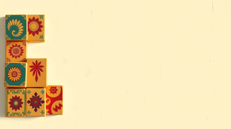 3d rendering of wooden cubes with floral ornament on a white backgroundの写真素材