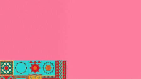 Ukrainian folk embroidery on a pink background. Place for text.の写真素材