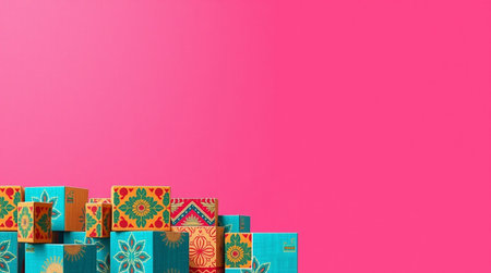 Colorful gift boxes on pink background. Copy space for text.の写真素材