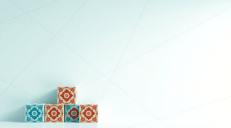 3D rendering of geometric shapes in a room with white wall background