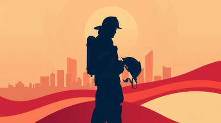 Vector illustration of a silhouette of a construction worker on the background of the sunset.