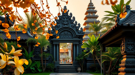 Buddhist temple entrance with yellow flowers in the garden, Thailand.