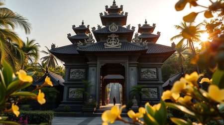 The entrance gate to the Buddhist temple in the morning, Thailand.