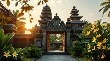 Beautiful temple in hindu temple at sunset, Bali, Indonesiaの写真素材