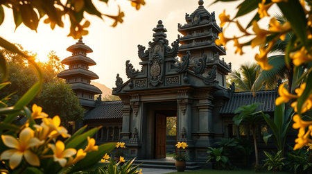 Beautiful Thai style temple in the park with yellow flowers at sunset.