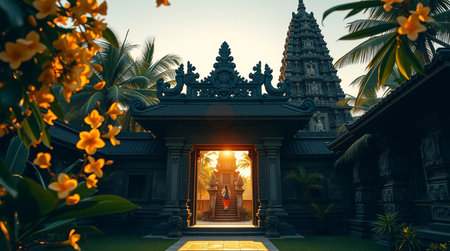 Hindu temple gate with yellow flowers at sunsetの写真素材