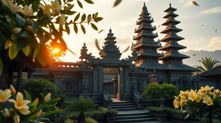 Pura Besakih temple at sunset, Bali, Indonesiaの写真素材