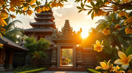 Beautiful Thai temple with blooming yellow flowers in the morning.