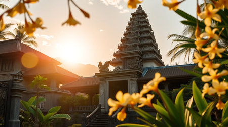 Buddhist temple at sunset in Bali island.の写真素材