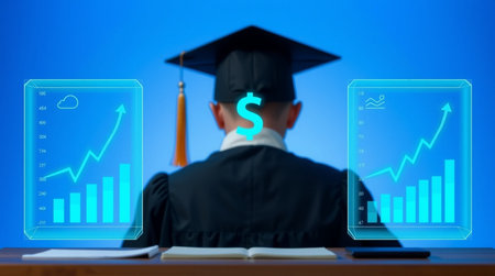 back view of young man in graduation cap and gown sitting at table with financial charts on blue backgroundの写真素材