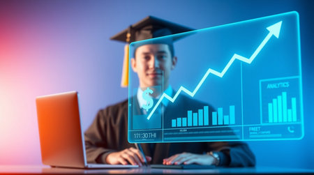 Graduated student with laptop and growth graph. Online education concept.