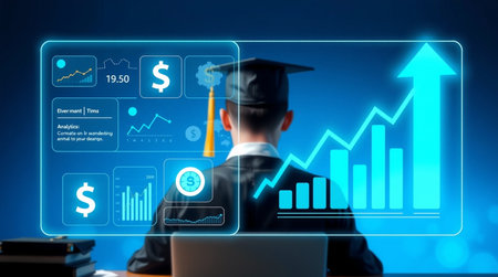Young man in academic hat and graduation robe with laptop in hand. Mixed media