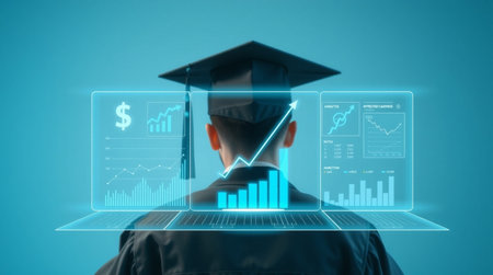 Young man with graduation cap and diploma against blue background 3D rendering