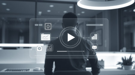Businessman using multimedia interface on his mobile phone in office 3D rendering