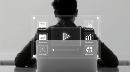 Man using a laptop with media player interface on the screen. Technology concept.