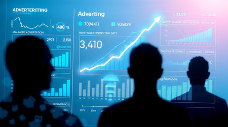 Silhouettes of business people working with virtual panel of infographs