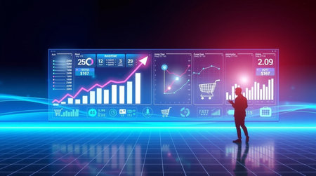 Futuristic virtual graphic touch user interface showing business analytics and market research. 3D...