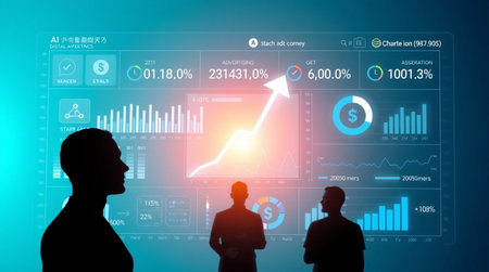Business people silhouettes with graphs and charts on a blue background.