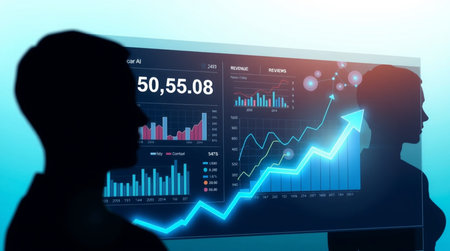 Silhouette of businessman looking at hologram screen with stock market chart. 3D rendering